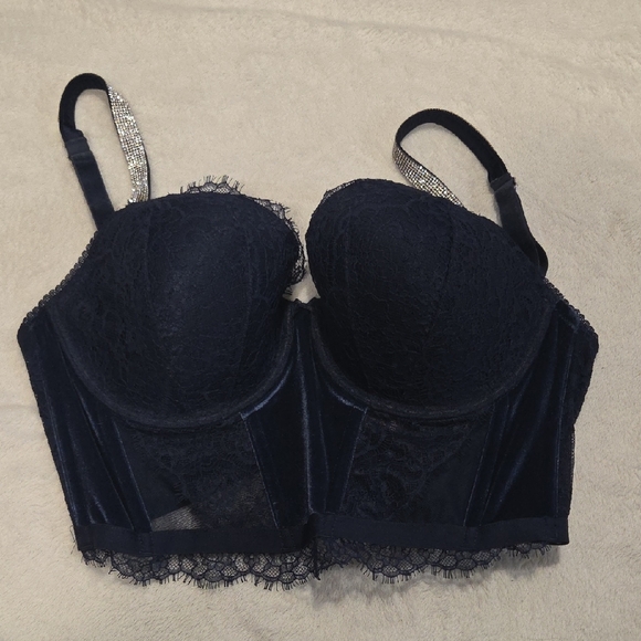 Victoria's Secret Other - Victoria's Secret Dark Blue Lace Bra with Silver Rhinestone Straps